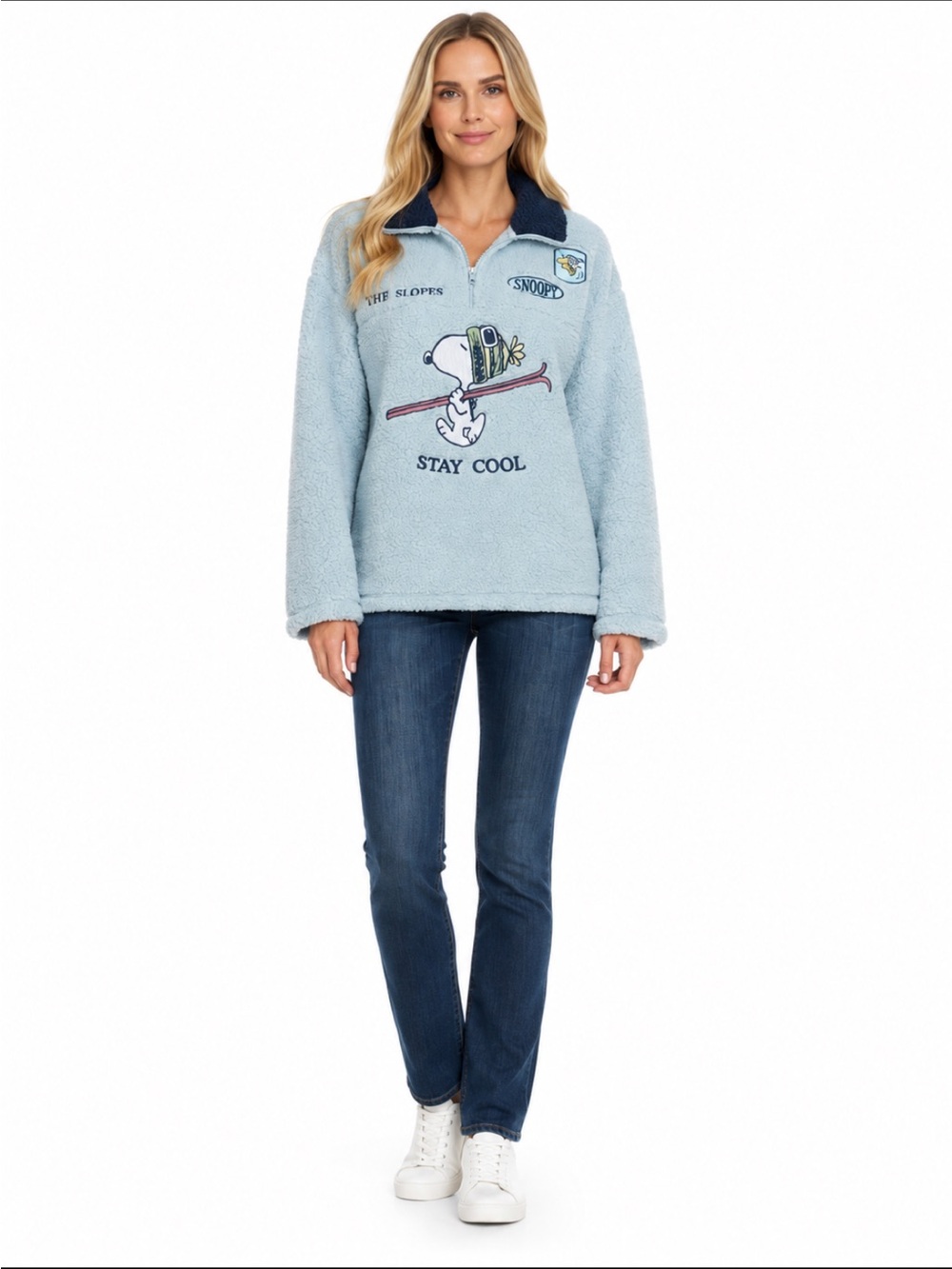FREEZE Womens Snoopy Character Winter Sherpa Pullover, Quarter Zip Embroidered
